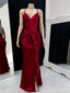 Sexy Spaghetti Strap Sleeveless Mermaid Satin Dark Red Long Prom Dresses With Slit Online, OL559