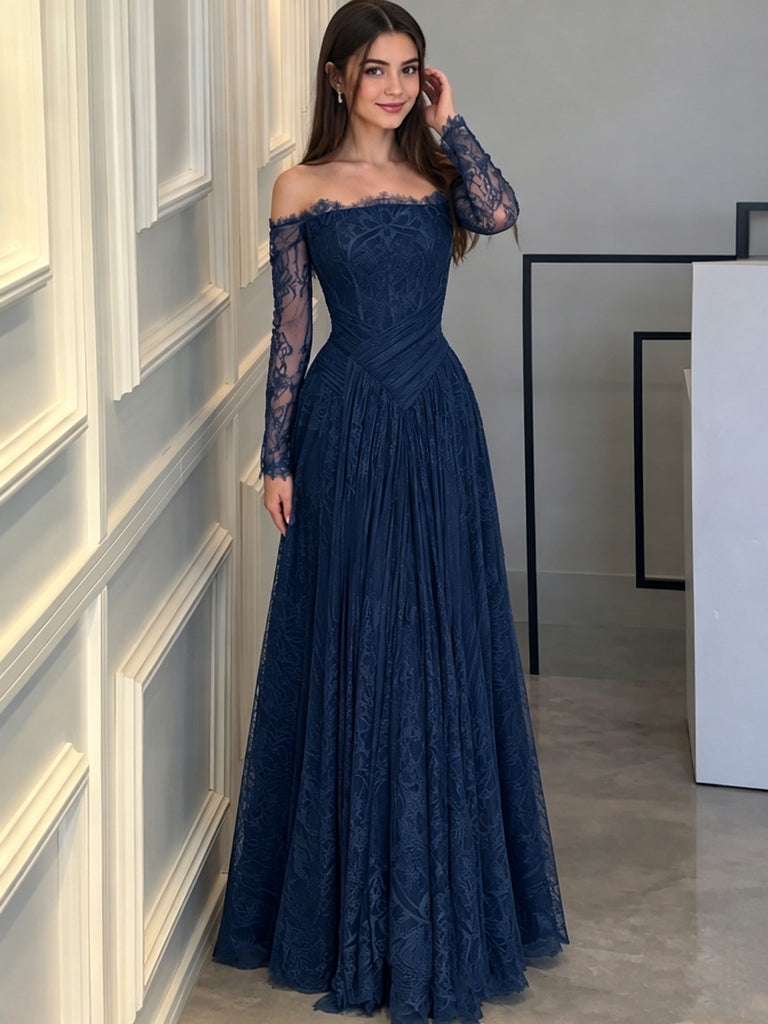 Chic Off Shoulder Long Sleeve Teal Lace Prom Dress A Line Floor Length Gown,OLP2413