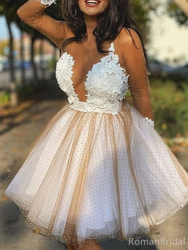 Sexy Spaghetti Strap V-neck Sleeveless A-line Lace Short Homecoming Dresses For Party Online, HD01014