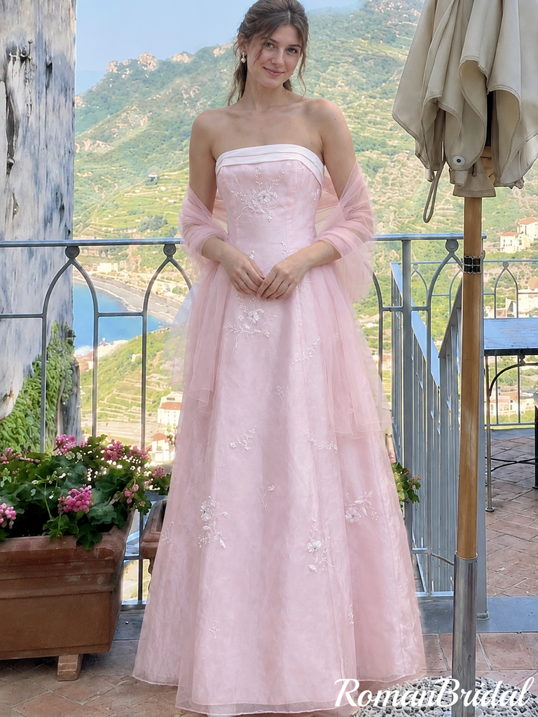 Stunning Pink Strapless Floral Embroidered Prom Dress A-Line Long Tulle Gown,OLP2444