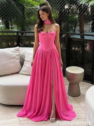 Modern Hot Pink Corset Prom Dress Strapless Sweetheart Long Chiffon Gown,OLP2386