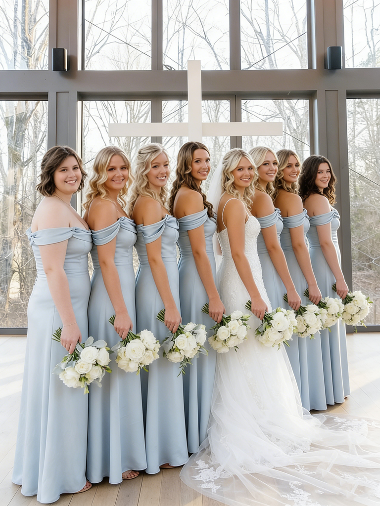 Elegant Off Shoulder A-line Light Blue Bridesmaid Dresses Online, BG391