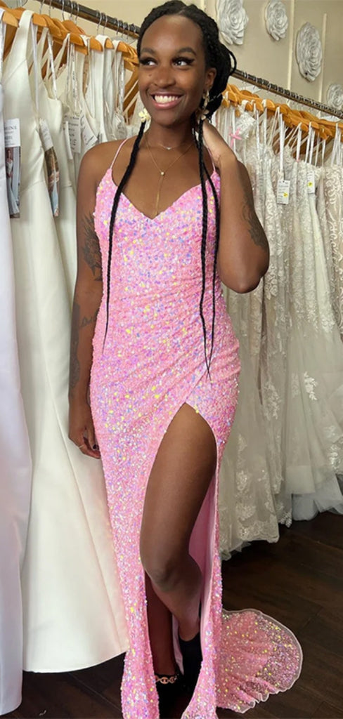 Sexy V-neck Sequin Mermaid Long Prom Dress With Slit Online, OL319