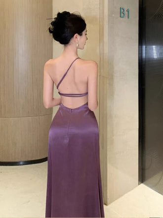 Sexy Purple One-Shoulder Sleeveless Mermaid Side Slit Long Prom Dress Ideas, Evening Party Dresses , OLP1206