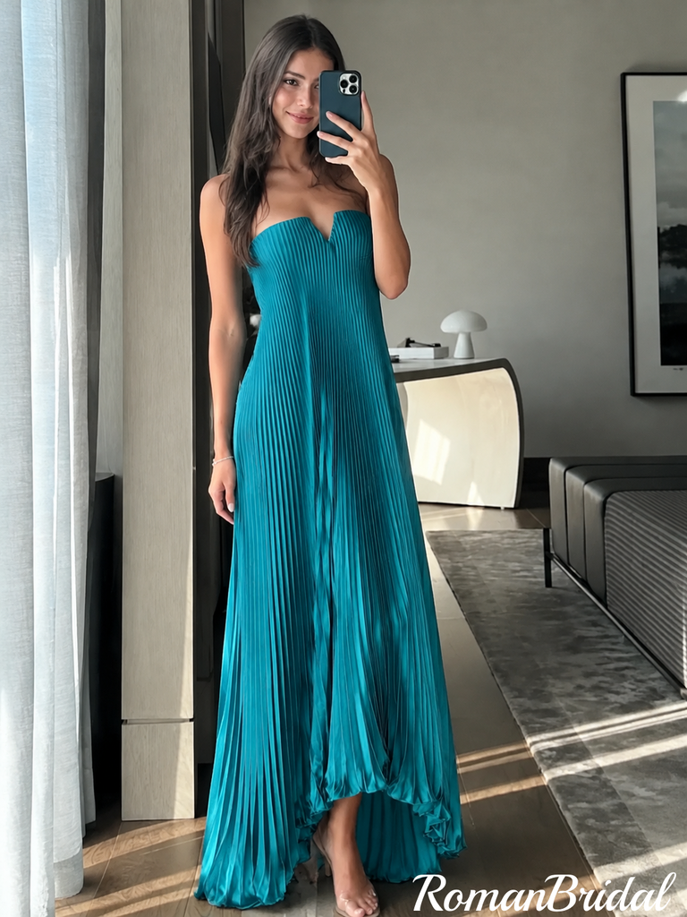 Elegant Strapless High Low Pleated Teal Chiffon Prom Dress,OLP2410