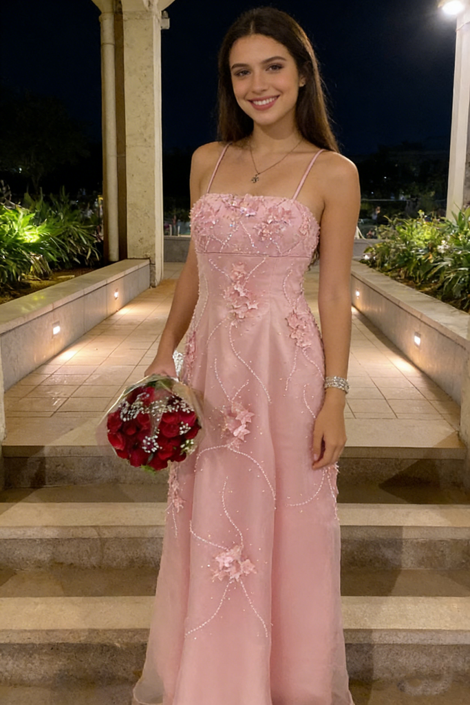 Embroidered Pink Strap Long Prom Dress Applique Modern Elegant Evening Gown,OLP2136