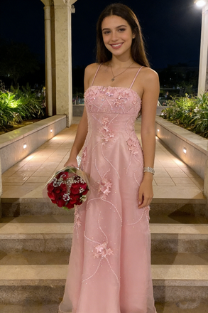 Embroidered Pink Strap Long Prom Dress Applique Modern Elegant Evening Gown,OLP2136