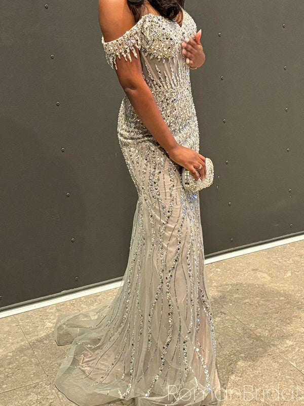 Unique Off-shoulder Sleeveless Mermaid Tulle Long Evening Prom Dresses Online, OLP659