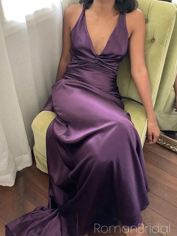 Soft V-neck Sleeveless Mermaid Satin Evening Prom Dresses Online, OLP934