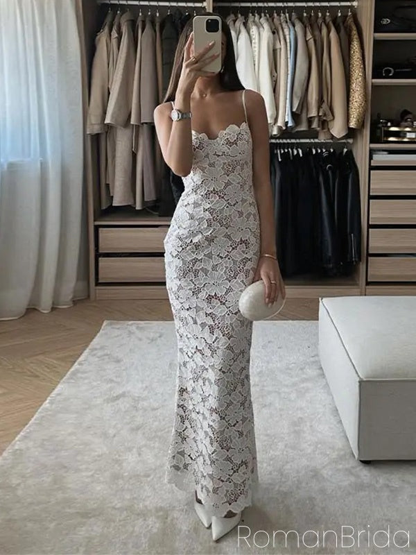 Elegant Spaghetti Strap Sleeveless Mermaid Lace Evening Prom Dresses Online, OLP821