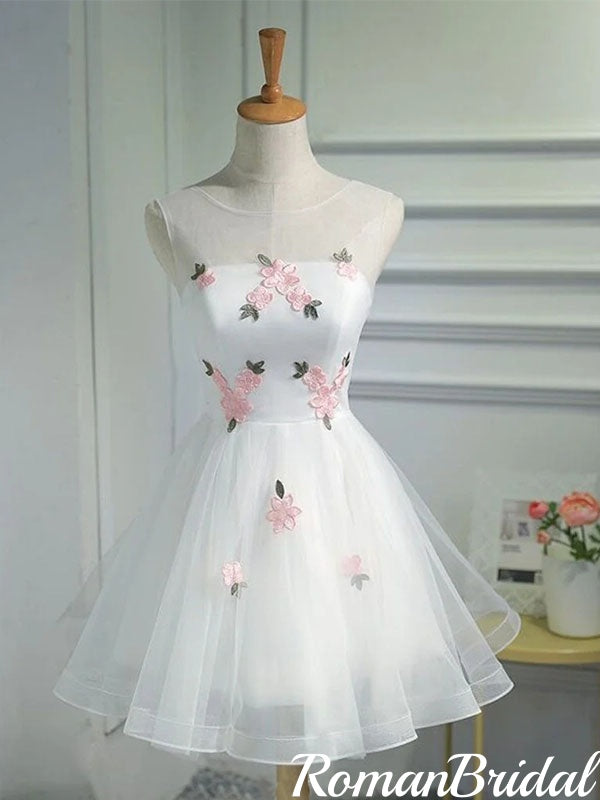 Elegant Round Neck Sleeveless Lace up back Embroidery Junior Homecoming Dresses, HD0391
