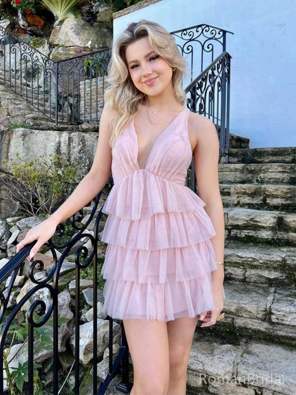 Cute V-neck Sleeveless A-line Tulle Pink Homecoming Dresses For Party Online, HD1086