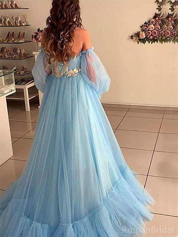 Elegant Off-shoulder Sleeveless A-line Tulle Long Prom Dresses Online, OL483