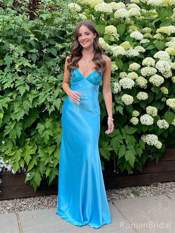 Formal Spaghetti Strap Sleeveless Mermaid Satin Long Prom Dresses Online, OL555