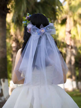 Flower Girl Bow Veil with Floral Crown – Soft Tulle Kids Wedding Headpiece