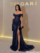 Sexy Navy Off-Shoulder Glitter Mermaid Prom Dress High Slit,OLP2463