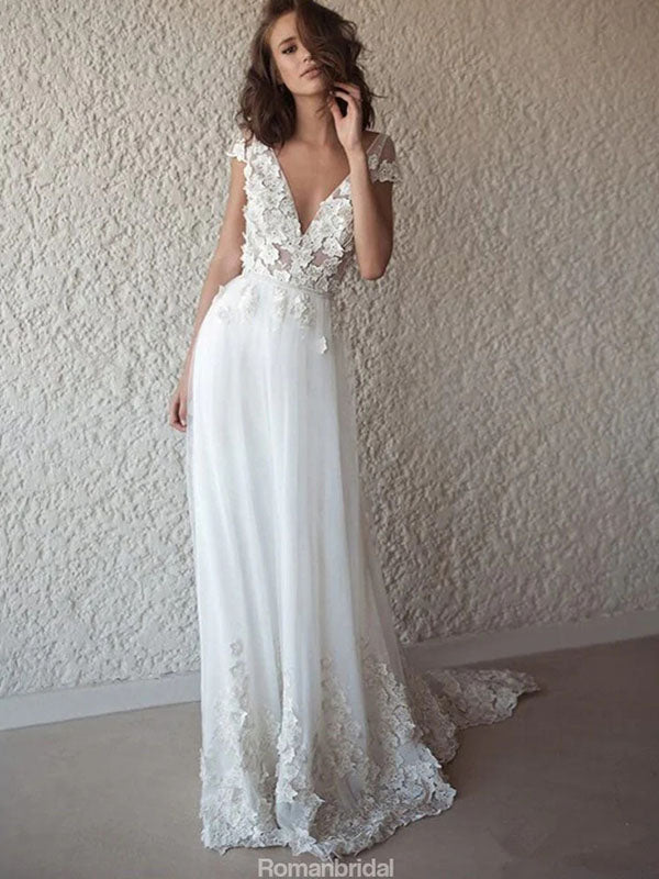 A-line V-neck Cap Sleeves Appliques Wedding Dresses With Train, WD0442