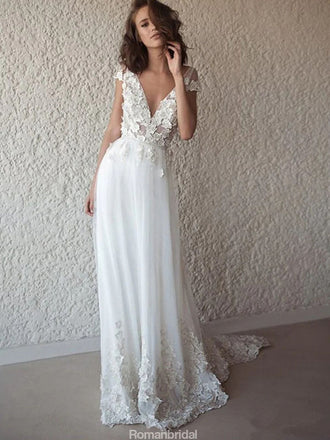 A-line V-neck Cap Sleeves Appliques Wedding Dresses With Train, WD0442