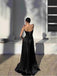 Formal Spaghetti Strap Sleeveless A-line Black Satin Long Prom Dresses Online, OL498