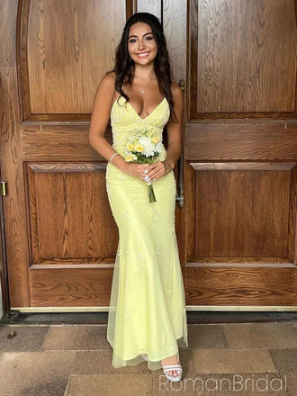 Elegant Spaghetti Strap Sleeveless Mermaid Tulle Long Evening Prom Dresses Online, OLP737