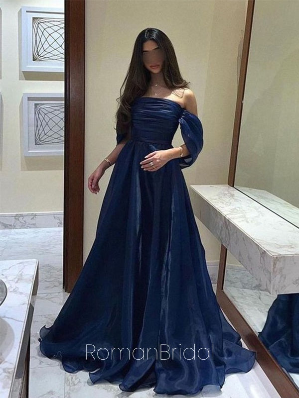 Formal Off-shoulder Sleeveless A-line Satin Long Prom Dresses Online, OLP615