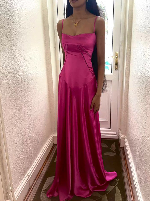 Soft Spaghetti Strap Sleeveless A-line Satin Long Prom Dresses Online, OL571