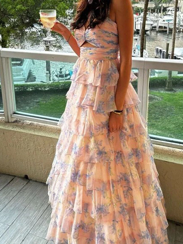 Unique Spaghetti Strap Sleeveless A-line Satin Long Prom Dresses Online, OLP614