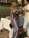 Modern Grey Satin Prom Dress Black Lace Waist Cutout Slip Style Formal Gown,OLP2018