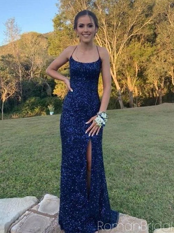 Sexy Spaghetti Strap Sleeveless Mermaid Sequin Evening Prom Dresses Online, OLP807