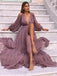 Vintage V-neck Full Sleeve A-line Chiffon Long Prom Dresses Online, OL573