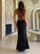 Sexy Spaghetti Strap V-neck Sleeveless Mermaid Satin Long Prom Dresses With Slit For Party Online, OL429