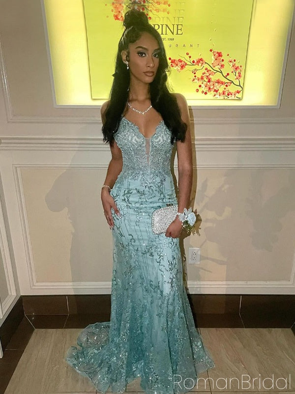 Elegant Spaghetti Strap Sleeveless Mermaid Lace Long Evening Prom Dresses Online, OLP667