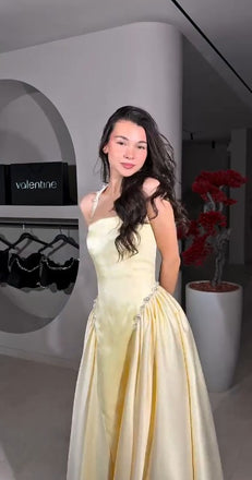 Elegant Yellow Spahetti Strap A-Line Long Prom Dress Ideas, Evening Party Dresses , OLP1238