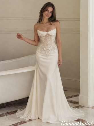 Classy Ivory Strapless Lace Corset Satin Mermaid Long Wedding Dresses,WD0679