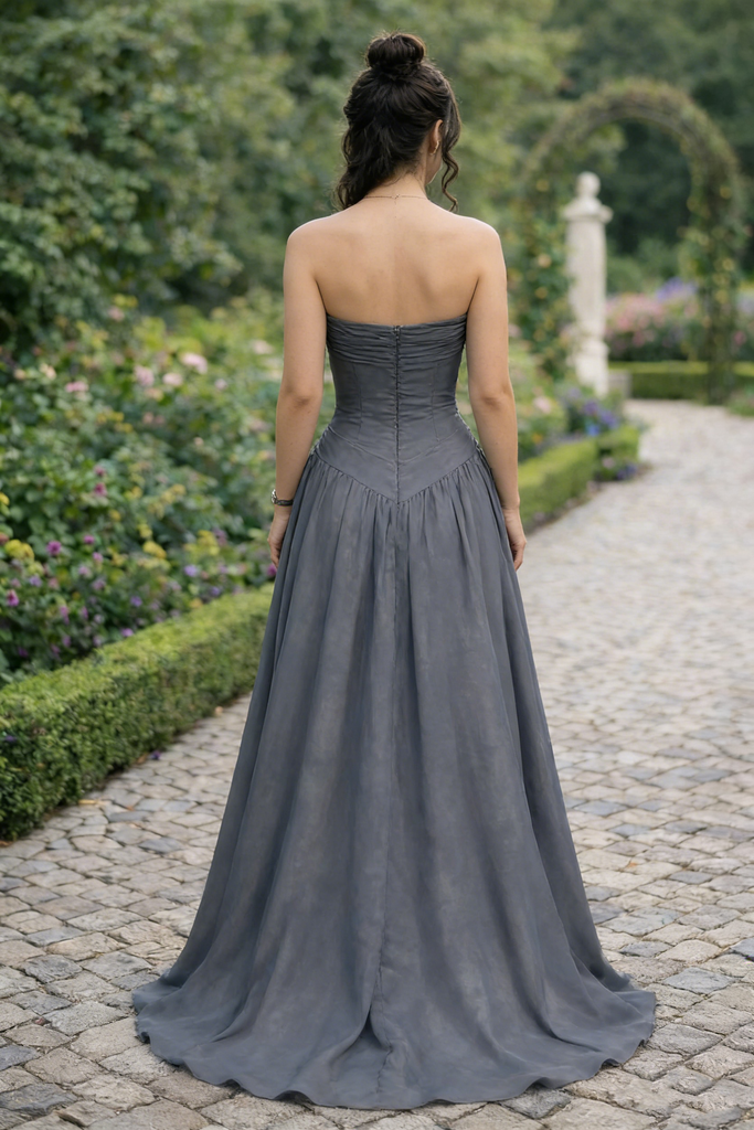 Fancy Grey Strapless Corset Prom Dress Drape Skirt Floor-Length Gown,OLP1806