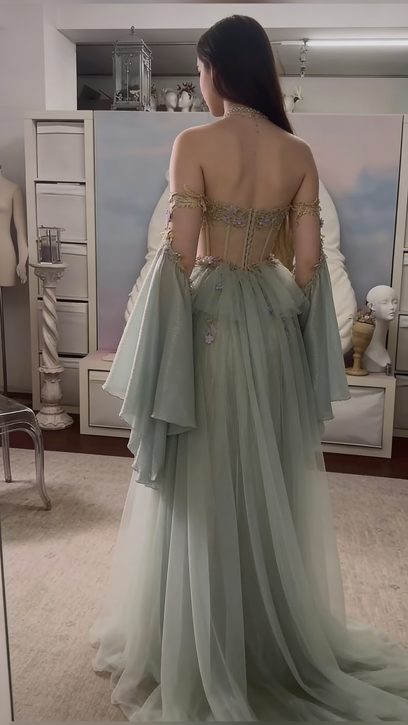 Ethereal Sage Green Fairy Prom Dress Off-Shoulder Corset Tulle Evening Gown,OLP2022