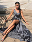 Soft One-shoulder Sleeveless Mermaid Satin Long Prom Dresses Online, OL585