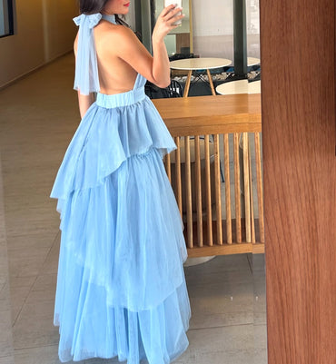 Elegant Blue High Neck Sleeveless A-Line Long Prom Dress Ideas, Evening Party Dresses ,OLP1193