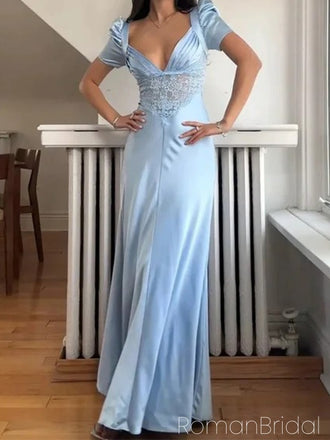 Simple V-neck Cap Sleeve Mermaid Satin Evening Prom Dresses Online, OLP1123