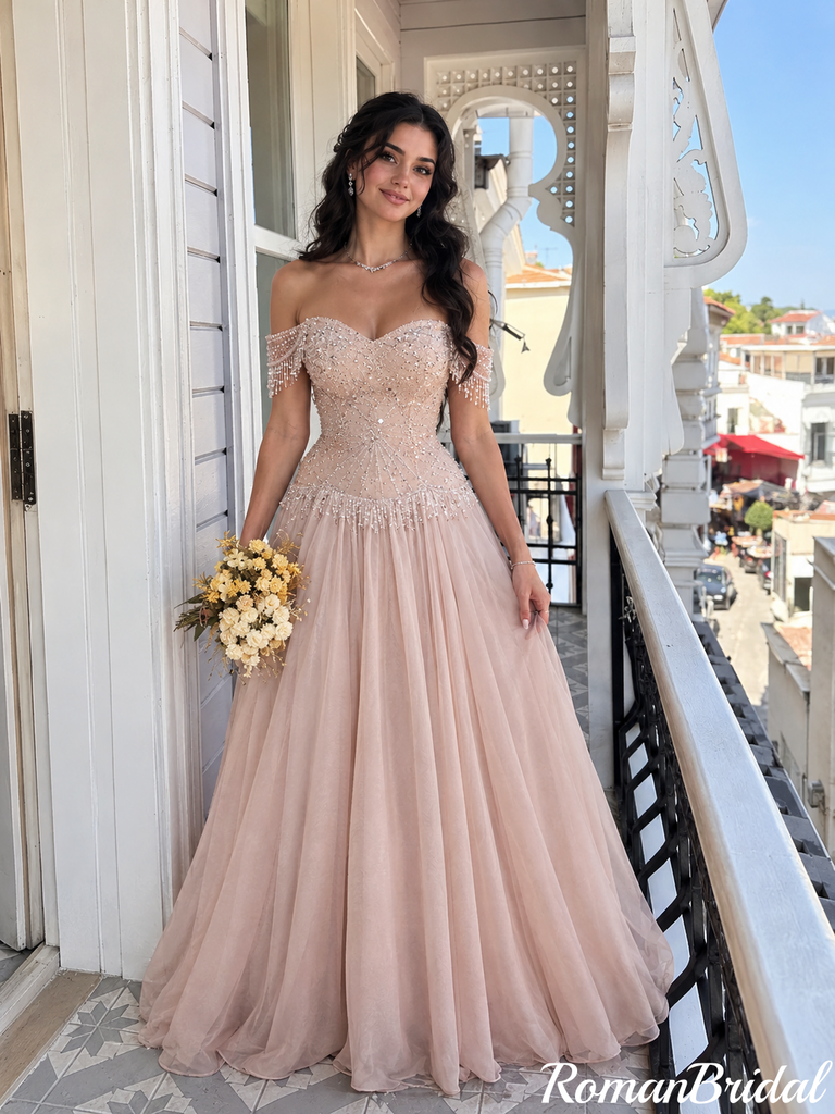 Pretty Pink Off Shoulder Beaded Prom Dress Floor Length Mermaid Gown,OLP2408