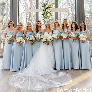Elegant Off Shoulder A-line Light Blue Bridesmaid Dresses Online, BG391