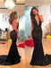 Black Mermaid Sequin With Small Train Deep V Neck Prom Dress, Evening Dress , PD0288