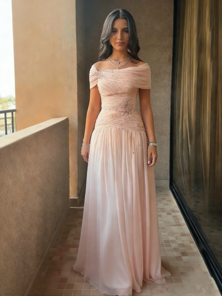 Elegant Off-shoulder Sleeveless Mermaid Chiffon Long Evening Prom Dresses Online, OLP654