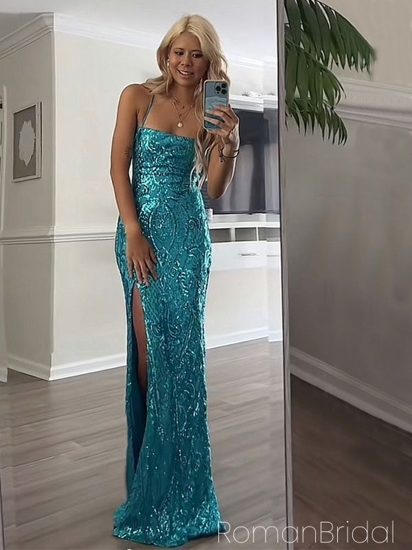 Elegant Spaghetti Strap Sleeveless Mermaid Satin Evening Prom Dresses Online, OLP841