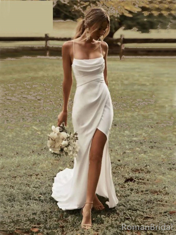 Simple Spaghetti Strap Sleeveless Mermaid White Satin Long Wedding Dresses With Trailing, WD0549