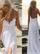Simple Spaghetti White Lace Side Slit Wedding Dresses For Beach Wedding, WD0047