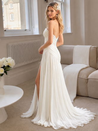 Modern Pleated Chiffon Wedding Dresses Strapless Side Slit Beach Bridal Gowns,WD0590