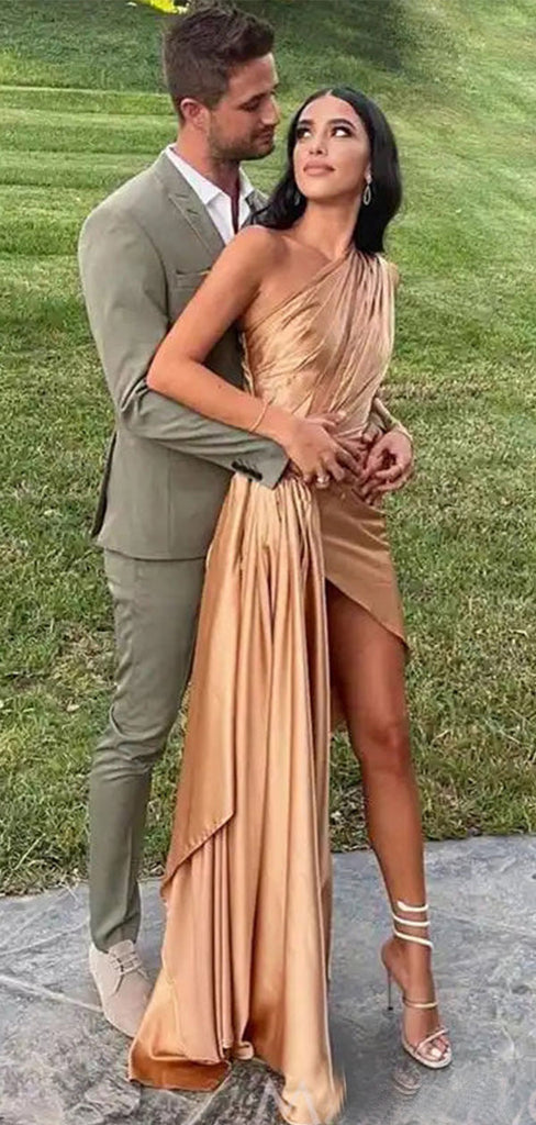 Elegant Gold One-Shoulder Mermaid Side Slit Long Prom Dress Ideas, Evening Party Dresses, OLP1248