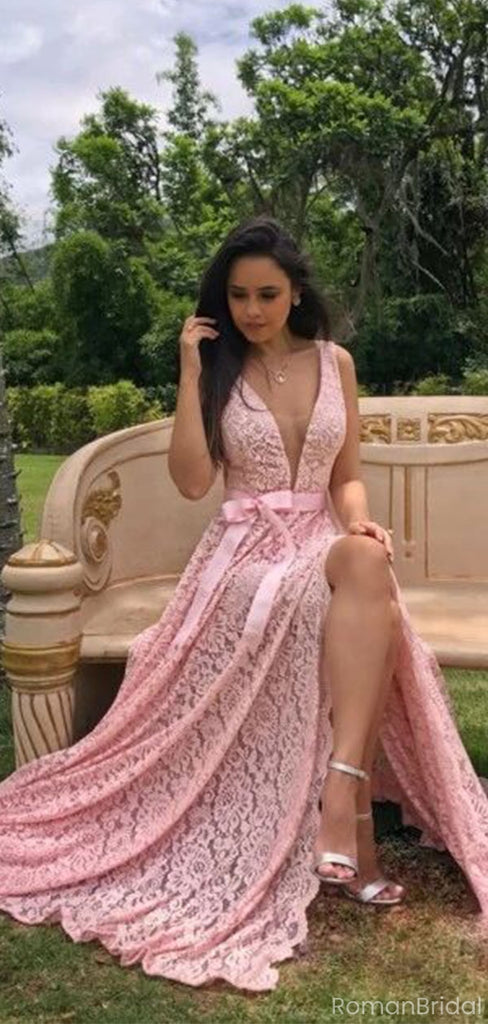 Elegant Pink V-Neck Side Slit Long Prom Dress Ideas, Evening Party Dresses, OLP1571