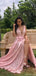 Elegant Pink V-Neck Side Slit Long Prom Dress Ideas, Evening Party Dresses, OLP1571